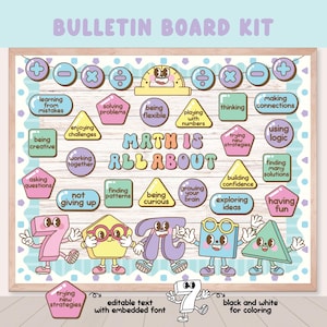 May include: A colourful bulletin board kit with the text "BULLETIN BOARD KIT" at the top. The board features various shapes with math-related phrases and cartoon characters. The words "MATH IS ALL ABOUT" are in the centre.