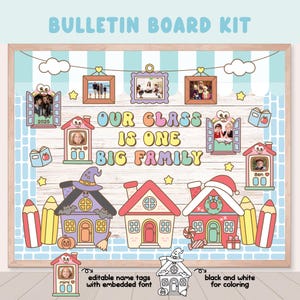 Back to School Family Bulletin Board, Our Class is Family, August Home classroom Door Decor, Back to School Editable Name Tags Coloring
