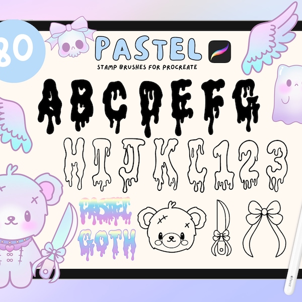 80 Pastel Goth dripping Letter Procreate Stamps, Alphabet procreate brushes, Halloween drip stamp, Stickers planner, Creepy cute stamps