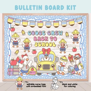 Back to School Goose Bulletin Board, Silly Goose Crew August classroom door decor, Back to School Editable Name Tags Coloring