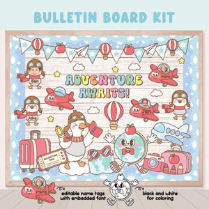 Back to School Silly Goose Travel Bulletin Board, Adventure Awaits, August classroom Door Decor, Back to School Editable Name Tags Coloring