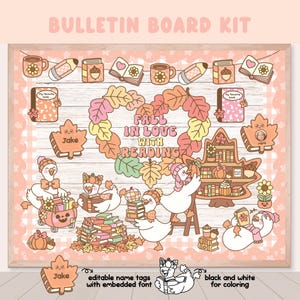 Puede incluir: Un kit de tablón de anuncios con temática otoñal que incluye el texto Fall In Love With Reading rodeado de hojas. El kit contiene ilustraciones de gansos, libros, calabazas, tazas y lápices en tonos suaves de naranja, rosa y crema.