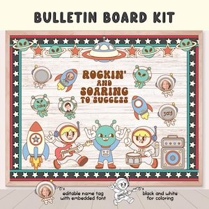 Kit de tablón de anuncios escolar retro vintage con estilo, clipart de galaxia espacial de rock and roll, decoración de puerta de aula escolar retro con astronauta para imprimir