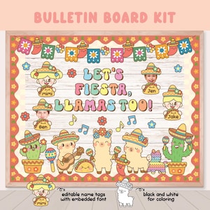 Tablón de anuncios del Cinco de Mayo, Let's Fiesta, Spring Llamas too Door Decor, Llamas Coloring, Etiqueta de nombre editable