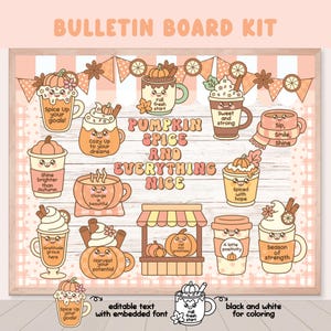 Puede incluir: Un kit de tablón de anuncios con ilustraciones de temática de calabaza especiada. El diseño incluye varias tazas de café y latte con caras bonitas y frases inspiradoras. La paleta de colores es cálida, con tonos de naranja, marrón y crema, ideal para el otoño.