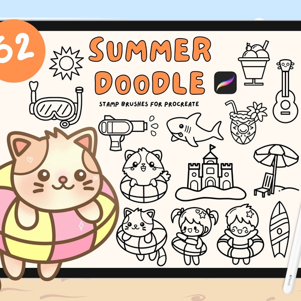 62 Summer Procreate Stamps, Summer doodle procreate brushes, logo stamp, Stickers planner