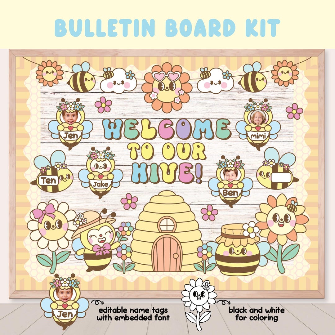 Groovy Retro Spring Bee Bulletin Board, Welcome to Our Hive, April Back ...