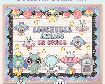 Outer Space Bulletin Board, Out of This World, August classroom Door Decor, Pastel Adventure Back to School, Editable Name Tags Coloring