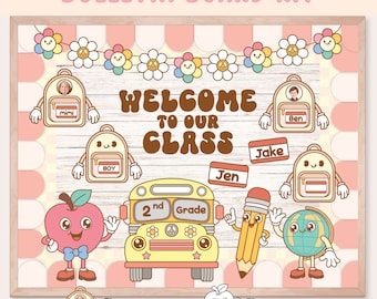 Groovy retro school Bulletin Board Kit, Back to school clipart, Groovy door decoration, Retro School classroom decor printable