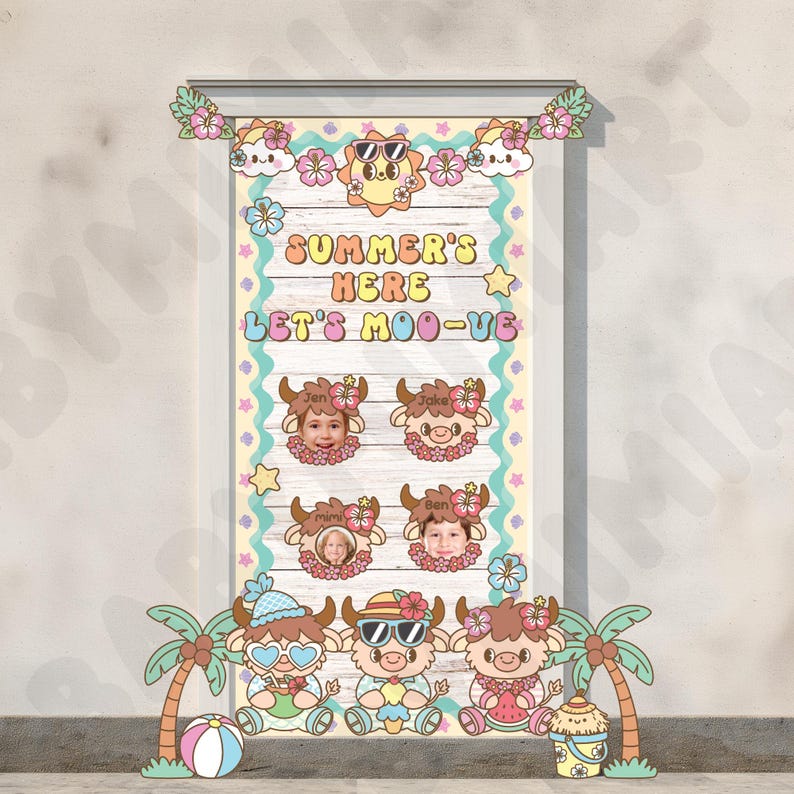 Groovy Retro Summer Bulletin Board, Summer's Here Let's Moo-ve, Summer ...