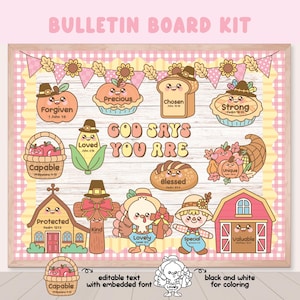 May include: A vibrant bulletin board kit with a wooden frame, showcasing illustrated elements such as apples, bread, and a cornucopia. The text includes phrases like "Forgiven," "Loved," and "God Says You Are." The kit also includes text for colouring.