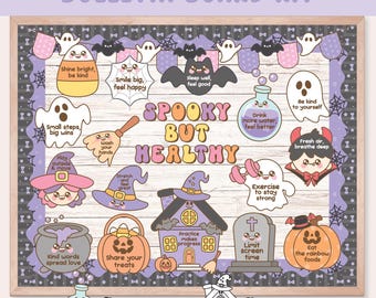 Puede incluir: Un kit de tablón de anuncios con temática de Halloween con el texto "Spooky But Healthy". El tablero presenta ilustraciones de fantasmas, murciélagos, sombreros de bruja y calabazas, junto con mensajes positivos.