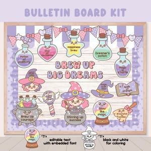 Könnte beinhalten: Ein skurriles Pinnwand-Set mit einem hellen Holzrahmen. Die Tafel zeigt Illustrationen von Zaubertränken, Hexen und magischen Gegenständen. Der Text enthält "Brew Up Big Dreams" und andere Phrasen. Das Set enthält editierbaren Text und Schwarz-Weiß-Maloptionen.