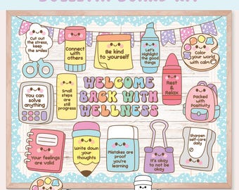 Back to School Mental Health Bulletin Board, August Wellness door decor, Mental health Awareness, Editable Text, School Supplies Coloring