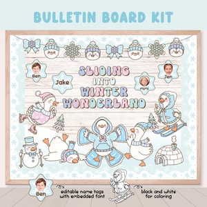 Op de afbeelding: Een winterthema prikbordkit met de tekst "BULLETIN BOARD KIT" bovenaan. Het ontwerp bevat cartoonpinguïns, sneeuwvlokken en de zin "SLIDING INTO WINTER WONDERLAND". Inclusief bewerkbare naamlabels.