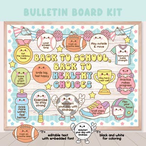 Puede incluir: Un kit de tablero de anuncios con marco de madera con un fondo de veta de madera clara. El tablero presenta ilustraciones coloridas y texto que promueven opciones saludables y temas de regreso a la escuela. Incluye imágenes de equipos deportivos y frases motivadoras.