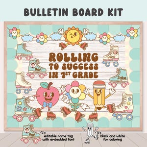 Kit de tablón de anuncios escolar retro elegante, clipart de bienvenida al colegio, En camino hacia el éxito, decoración de aula escolar retro imprimible