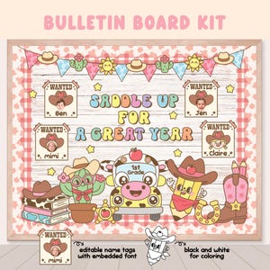 Western Groovy Retro Back to School Bulletin Board,Howdy Saddle Up, Wild West August classroom door decor,Cow Bus Editable Name Tag Coloring