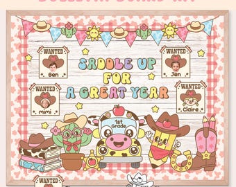 Western Groovy Retro Back to School Bulletin Board,Howdy Saddle Up, Wild West August classroom door decor,Cow Bus Editable Name Tag Coloring