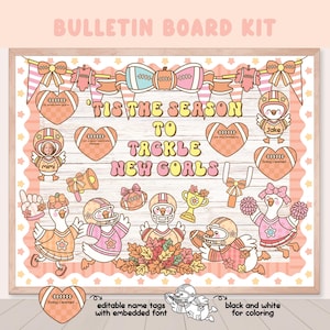 May include: A bulletin board kit featuring a wood-grain background with the text 'TIS THE SEASON TO TACKLE NEW GOALS'. The design includes cartoon geese wearing football helmets, heart-shaped footballs, pennant banners, and autumn leaves.