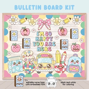 Groovy Retro Happy youre here Bulletin Board, Welcome Back to School, Pastel Disco ball August Door Decor, Editable Name Tags Coloring