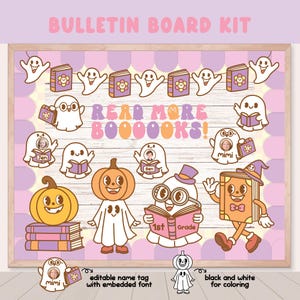 Groovy retro Halloween Bulletin Board Kit, Retro Ghost clipart, Leer más libros, Retro Groovy Fall Autumn decoración del aula imprimible