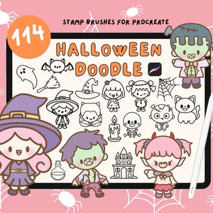 Cute 114 Halloween Procreate Stamps, Halloween Ghost doodle procreate brushes, logo stamp, Stickers planner, Halloween Procreate Stamps