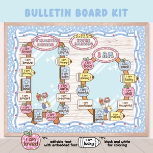 May include: A wooden bulletin board kit with a light wood frame. The board features a blue and white border with star accents and text that reads "Bulletin Board Kit". The board includes affirmation stations with positive messages and apple illustrations.