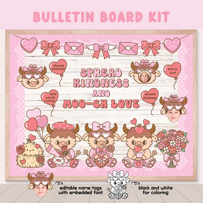 Highland Cow Valentines Day Kindness Bulletin Board Kit: February Door ...