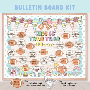 May include: A bulletin board kit with a wooden frame. The design includes a banner with the text "BULLETIN BOARD KIT" and the phrase "THIS IS YOUR YEAR TO". It features football-shaped stickers with motivational phrases and cartoon illustrations.