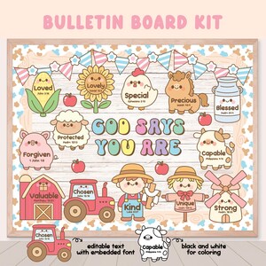 May include: A wooden bulletin board kit with a light brown frame. The board features colorful illustrations of farm animals, a tractor, and a windmill, along with the text "GOD SAYS YOU ARE". Includes the text "BULLETIN BOARD KIT".