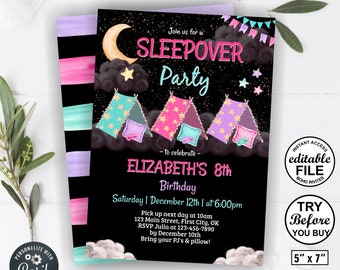 Sleepover / birthday invitation slumber party glamping invite moon star pink purple teal girl night sleep over camping tent teepee BSL14 106