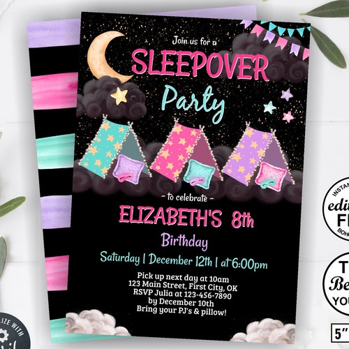 Glamping Invitation Invite Digital 7x5 Girl Camping Slumber | Etsy