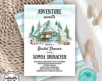 Bridal shower glamping camping invitation s'mores bonfire sleep backyard adventure awaits trees tent tepee slumber party sleepover BRC1 132
