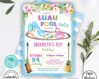 Pool party purple teal pink waterslide luau invite birthday invitation aloha pool party tropical pineapple water slide girl Hawaiian P14 125
