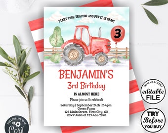 May include: Red tractor birthday invitation with watercolor illustrations. The invitation says "Start your tractor and put it in gear!" and "Benjamin's 3rd Birthday". The invitation is 5 inches by 7 inches.