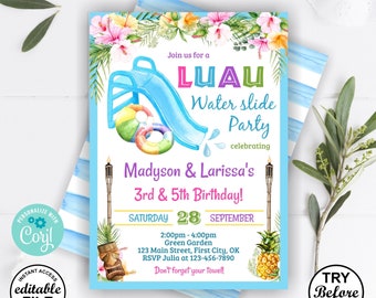 Waterslide / birthday invitation siblings twins combined luau invite pool party Aloha pineapple purple blue pink girl water slide BDW2/ 125