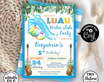 Waterslide / blue / birthday invitation / pool party beach tropical luau water slide boy orange blue yellow editable Hawaiian ball BDWS9 125