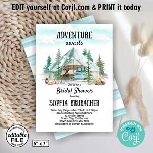 May include: A blue and white striped background with a white card featuring a watercolor illustration of a camping scene. The text on the card reads "Adventure awaits" and "Join us for a Bridal Shower honoring Sophia Brubacher". The card also includes the date, time, location, and RSVP information.