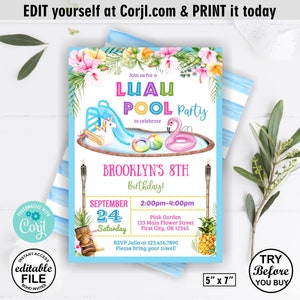 Pool party purple teal pink waterslide luau invite birthday invitation aloha pool party tropical pineapple water slide girl Hawaiian P14 125