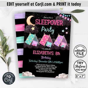 Sleepover / birthday invitation slumber party glamping invite moon star pink purple teal girl night sleep over camping tent teepee BSL14 106