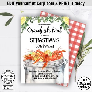 May include: A white invitation card with green foliage and lemons around the border. The text reads "You're invited to a Crawfish Boil to celebrate Sebastian's 50th Birthday!"  The invitation includes details for the event: Saturday, August 17th at 5:00pm, Green Backyard, 123 Main Street, First City, OK. RSVP Julia at 123-456-7890.