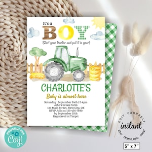 Tractor / baby / shower / Invitation / Editable / Instant Access / green / yellow / it's a boy / farm / invite / drive by / parade /BST3/ 06