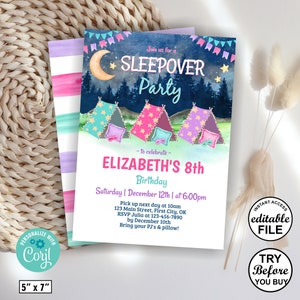 Sleepover / party / sleep over / slumber / glamping / camping / birthday / invitation / pink purple teal girl backyard movie night BSL9/ 106