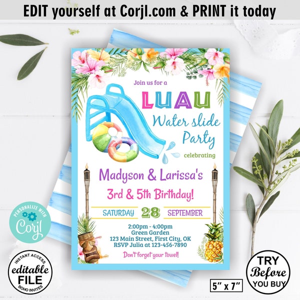 Waterslide / birthday invitation siblings twins combined luau invite pool party Aloha pineapple purple blue pink girl water slide BDW2/ 125
