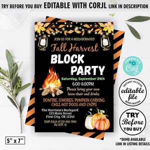 May include: A 5" x 7" invitation for a Fall Harvest Block Party. The black background features orange and black diagonal stripes, fall leaves, lanterns, and pumpkins. Text includes event details and the phrase "Try Before You Buy."