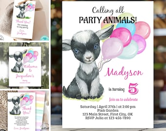 May include: A 5 by 7 inch birthday invitation template featuring a watercolor illustration of a black and white baby goat holding a cluster of colorful balloons. The text reads Calling all PARTY ANIMALS, Madyson is turning 5, and event details.