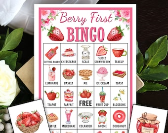May include: A pink and white bingo card with the title "Berry First Bingo". The card has 25 squares with images of various strawberry-themed items, such as a basket of strawberries, a strawberry milkshake, and a strawberry jam jar. The free space in the center of the card is marked with the word "FREE".