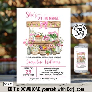 Może przedstawiać: Różowe i zielone zaproszenie na wieczór panieński z akwarelową ilustracją stoiska z kwiatami. Zaproszenie zawiera napis "She's Off the Market" oraz imię panny młodej, Jacqueline Williams, datę, godzinę i miejsce wieczoru panieńskiego. Zaproszenie zawiera również tekst "Registered at Amazon & Target".