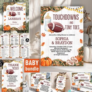 Könnte beinhalten: Ein Babyparty-Papeterie-Set mit weißem Holzhintergrund, Footballs, Babyflaschen, Kürbissen und karierten Decken. Der Text umfasst Touchdowns and Tiny Toes, Party-Details für Sophia und Braydon, Spiele, Dankeskarten und Verlosungsschilder.
